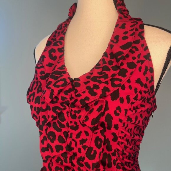 Express Women's Razor Back Halter Top Blouse, Deep Red & Black Leopard Print, XS - Picture 2 of 5
